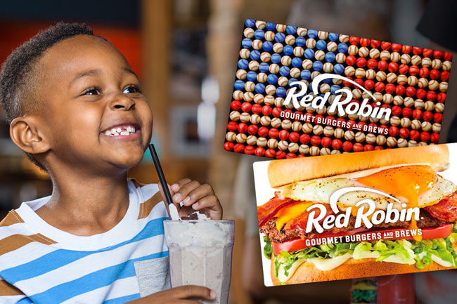 Gift cards over photo of young boy enjoying a milkshake.