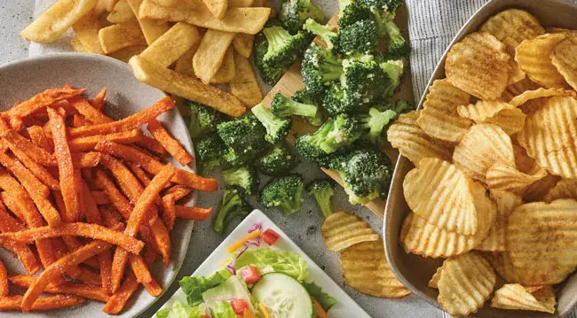 Bottomless Steak Fries, Sweet Potato Fries, Steam Broccoli, House Side Salad, Yukon Chips